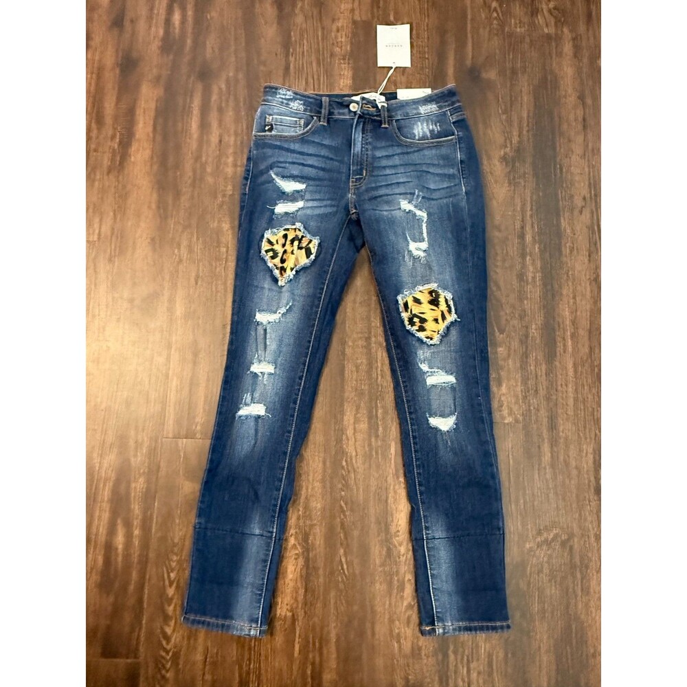 KanCan Jeans Womens 9/28(28x28) Blue Skinny Distressed Raw Hem Dark Wash Leopard
